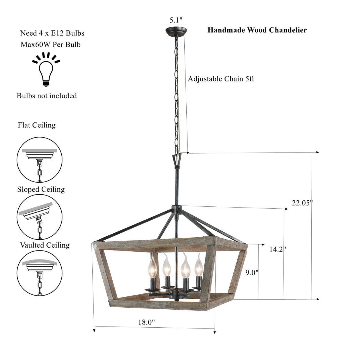 Gracie Oaks Farmhouse 4Light Wood Chandelier, Handmade Lantern Kitchen
